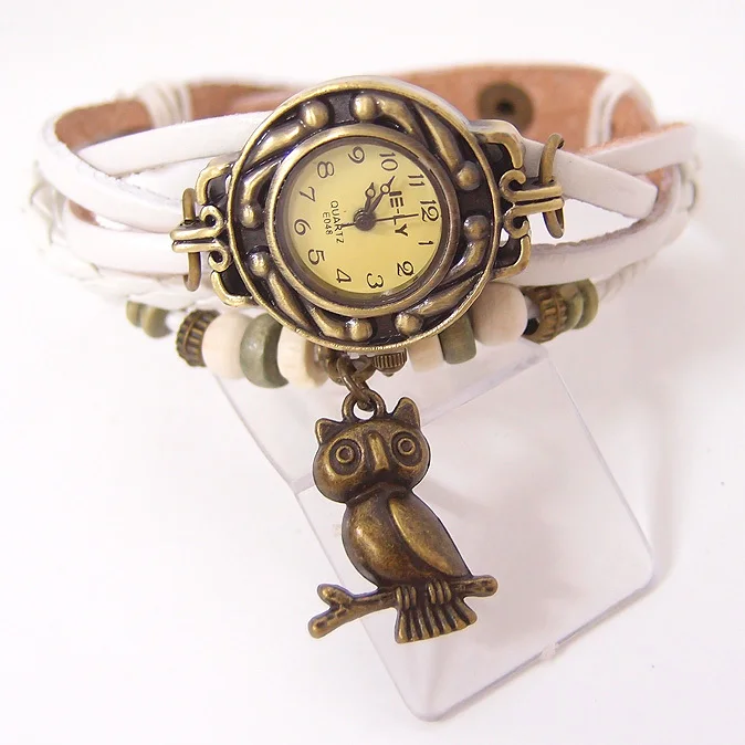 Кожа Винтаж Модные женские кварцевые часы женщины Сова Подвеска часов бисера