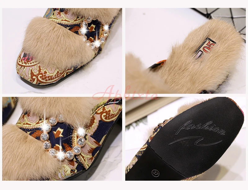 Aphixta Real Rabbit Hair Slippers Women Shoes Luxury Real Fur Square Heel Lady Warm Mujer Indoor Slides Plus Big Size 34-44
