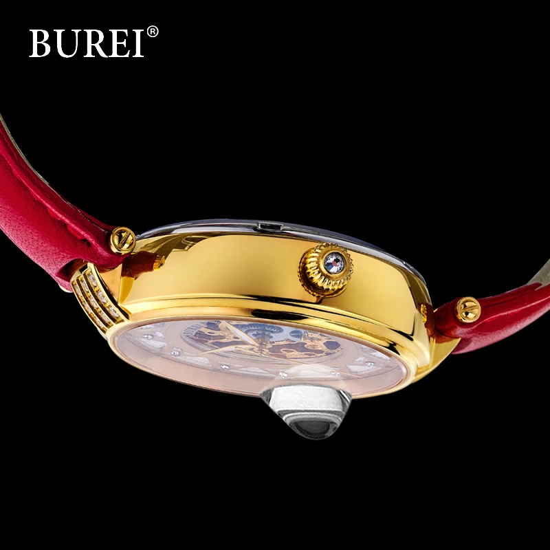 BUREI женской моды сапфир платье часы роскошные скелет из натуральной кожи
