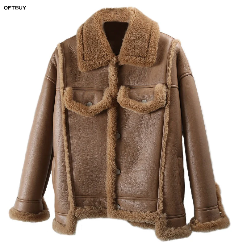 OFTBUY 2019 роскошная весенне-зимняя женская куртка Натуральная шерсть овчина кожа