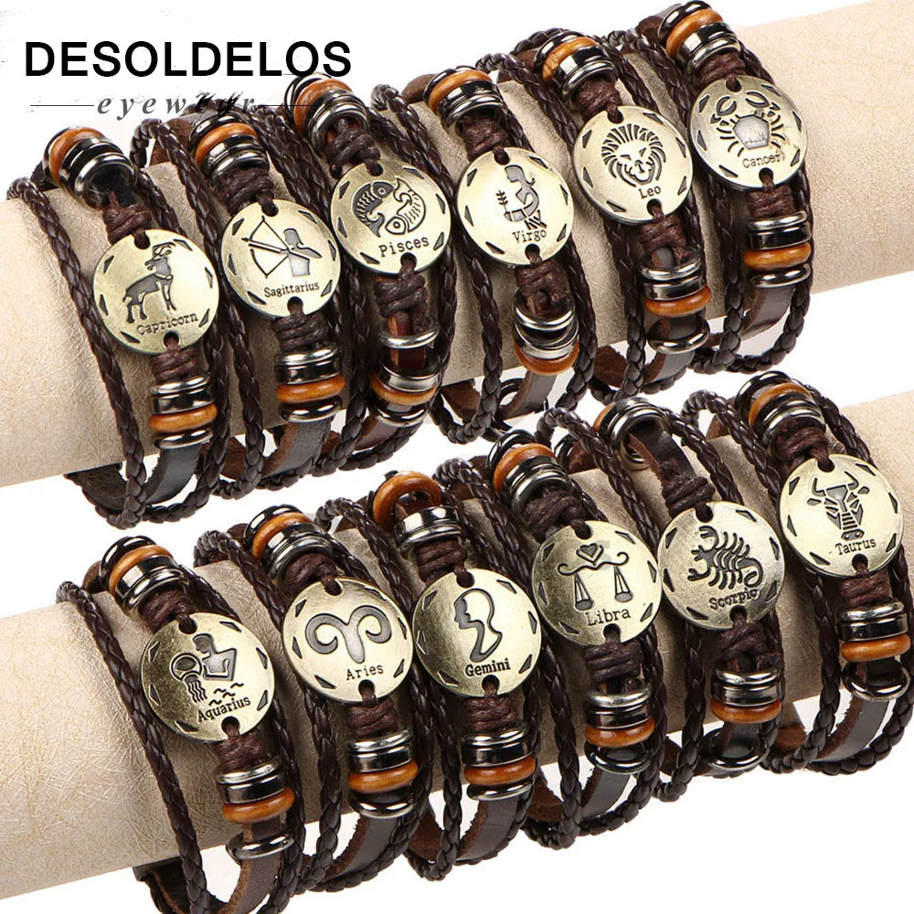 

12pcs/set 12 Constellations Bracelets Bangles Fashion Punk Leather Bracelet Men Vintage Zodiac Signs Women Wristband 2019