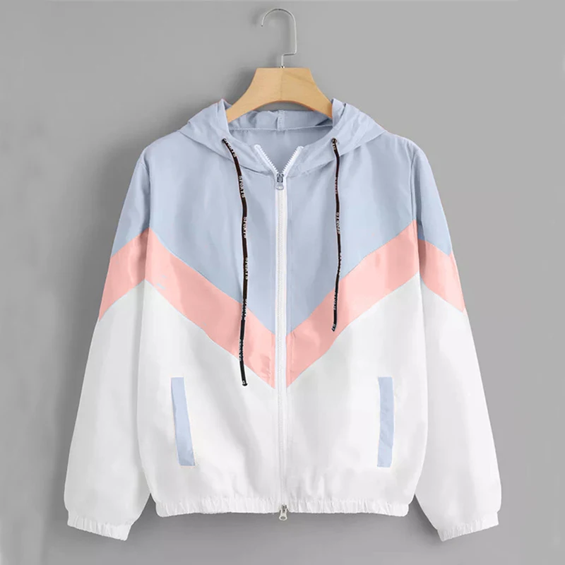 

Hooded Windbreaker Jacket Patchwork Jackets Women Color Block Zipper Jacket Fall Autumn Casual Coats Outerwear Raincoat