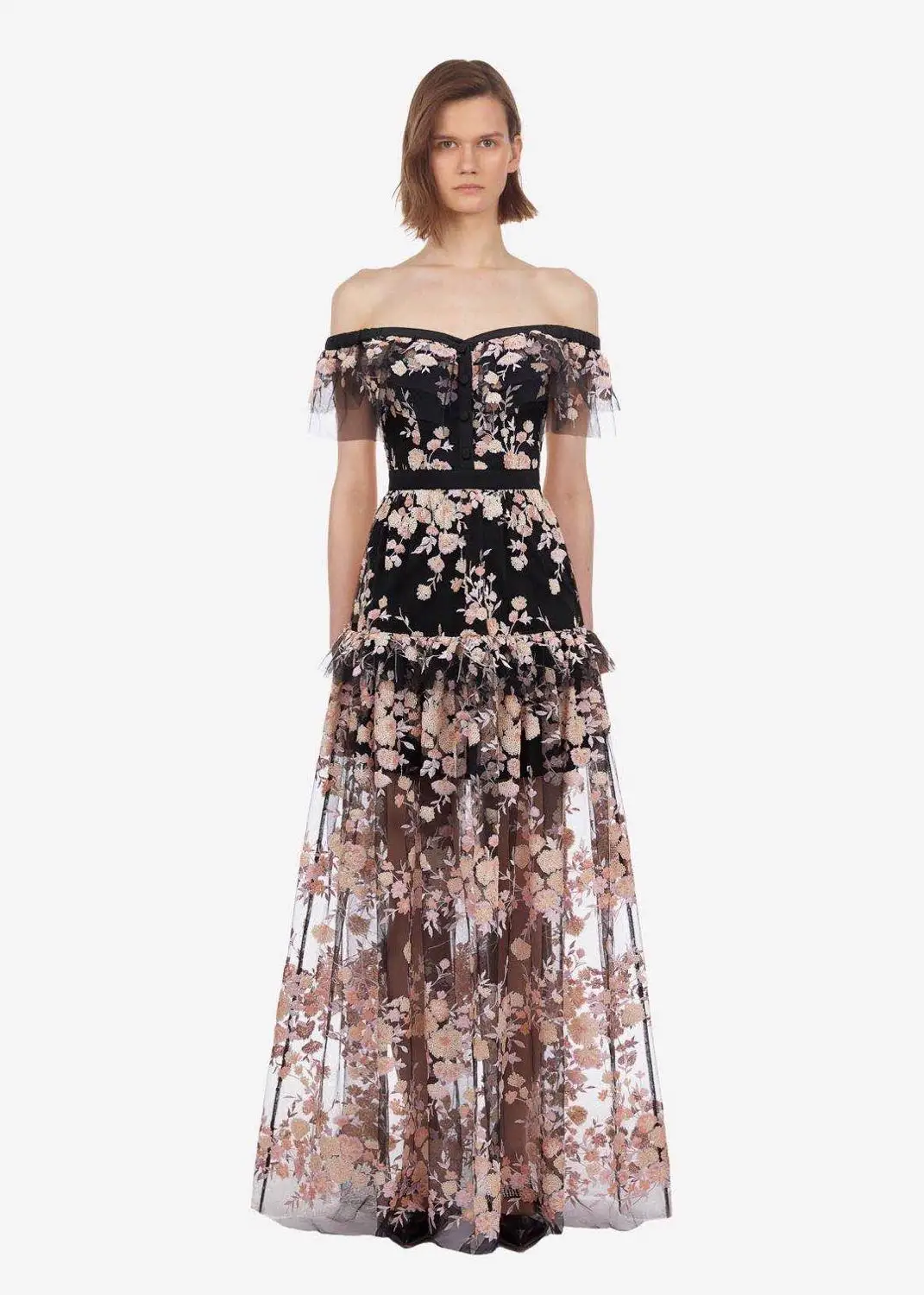 Женское длинное винтажное платье с вырезом лодочкой и цветочной вышивкой