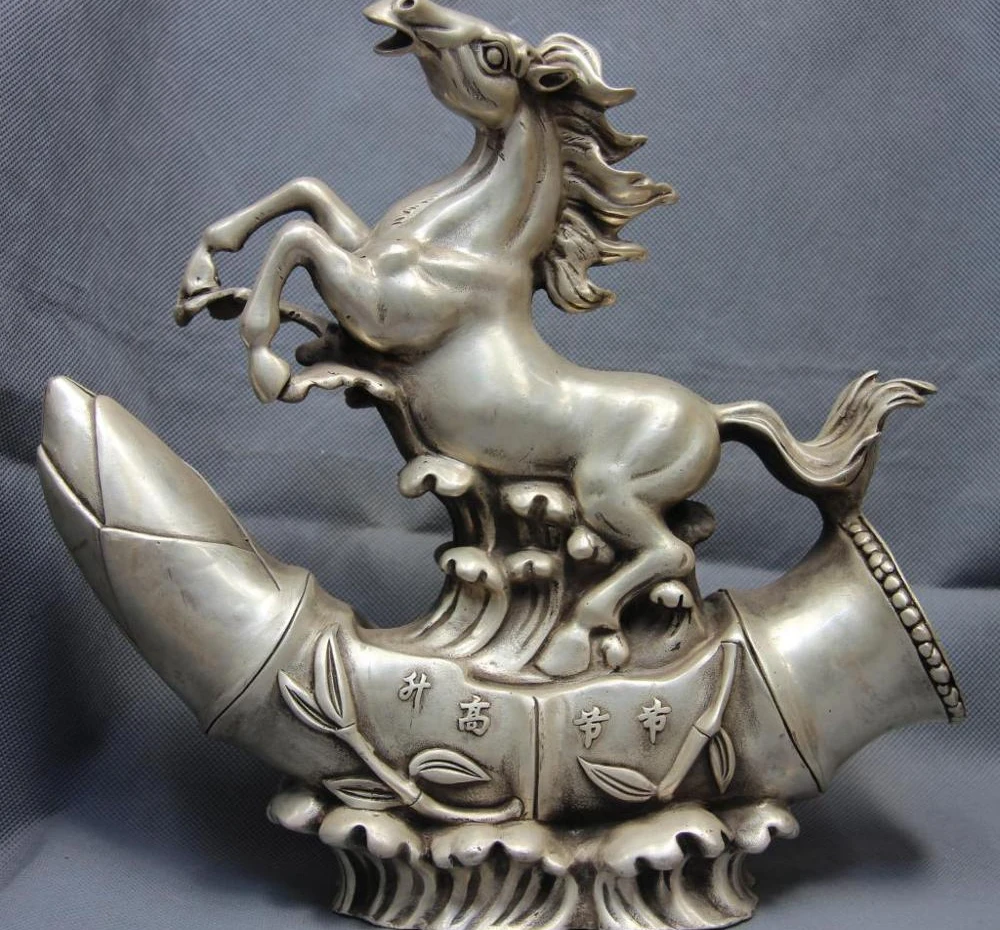 28cm China White Copper Silver Statue Folk Feng Shui Lucky Fly Run Horse on Bamboo off 50%