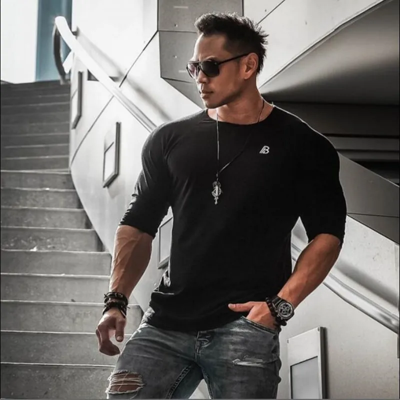Mens tight sports round collar fitness gym long seeves spring autumn workout running t-shirt - Цвет: Черный