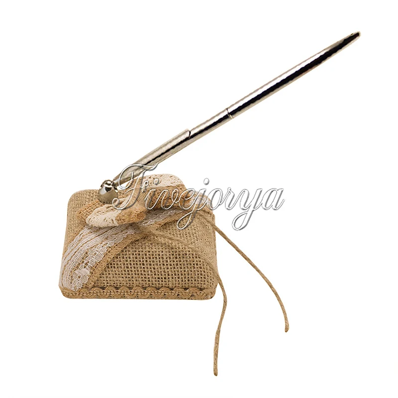 Свадебный набор из натуральной мешковины и ручки с кружевным бантом для ручной