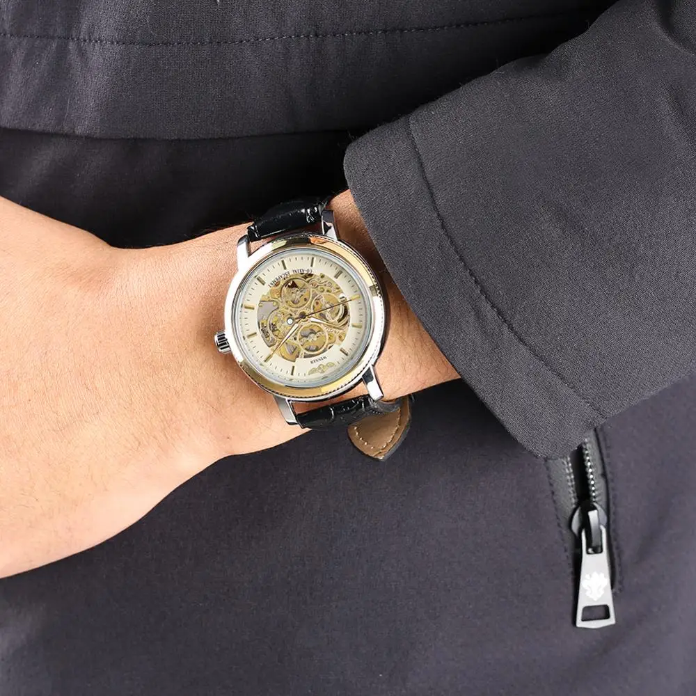 

WINNER Night Light Functional Bangle Watch for Men Golden Skeleton Hand-winding Mechanical Watches for Women Wrist Watch Gift