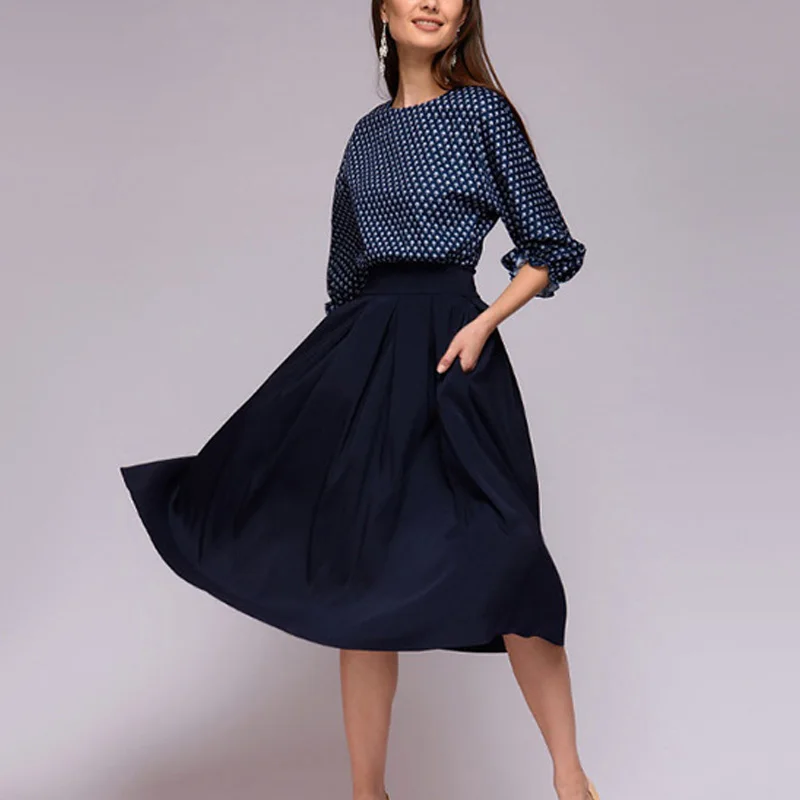 Новое Женское осеннее платье с круглым вырезом и рукавами 3/4 принтом высокой