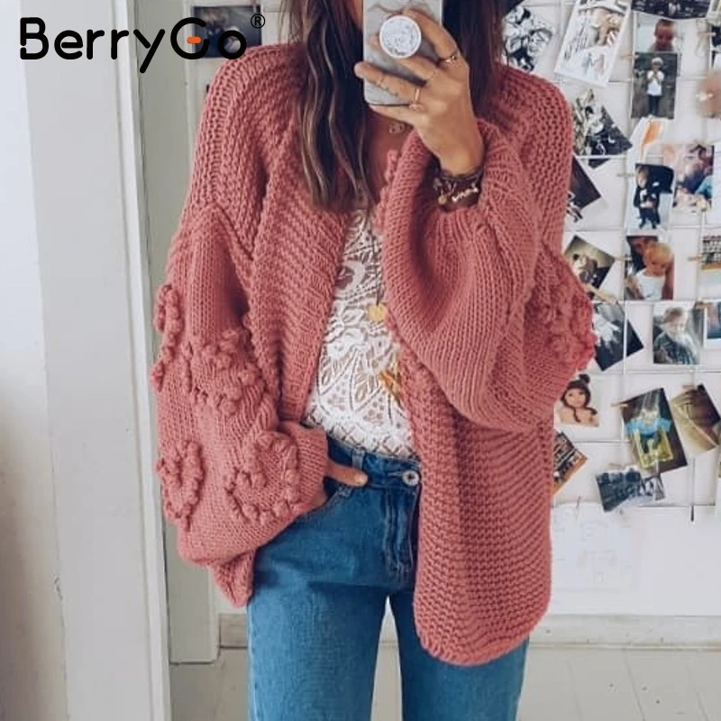 BerryGo свободный Женский вязаный кардиган негабаритный фонарь рукав сердце