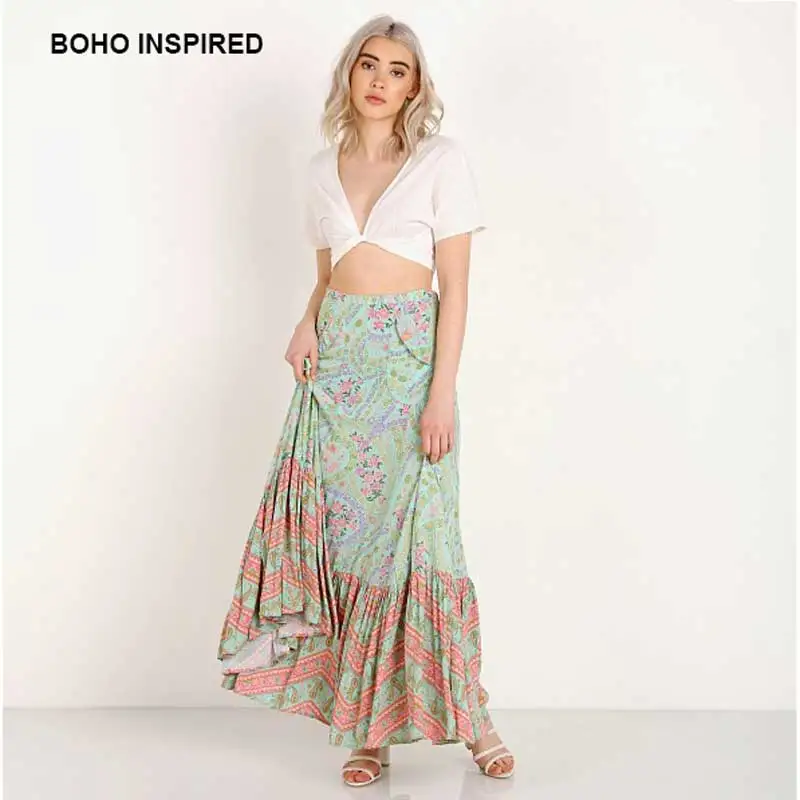 BOHO Вдохновленный sage цветочный принт Высокая талия Макси юбка район Раффлед миди