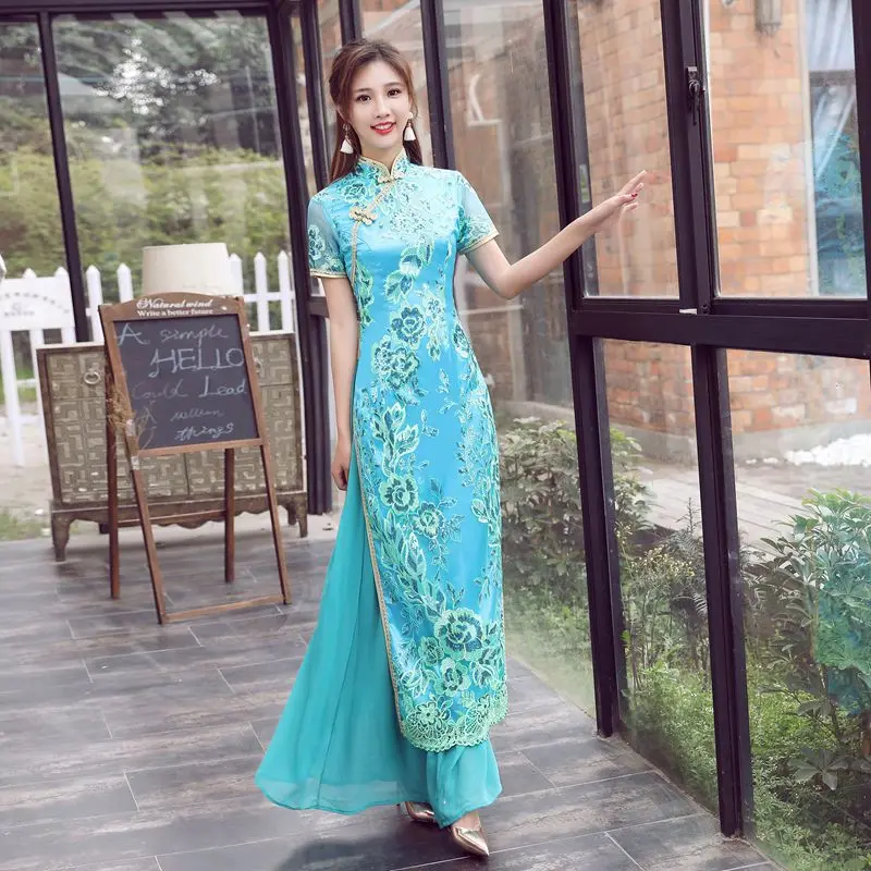 Современный qipao длинный вьетнамский стиль кружева аозай женское платье