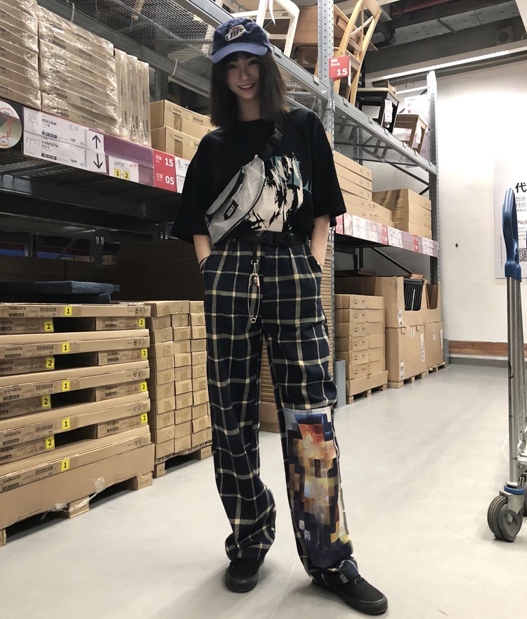 Woherb Harajuku, женские и мужские винтажные клетчатые брюки с принтом, брюки с эластичной талией, хип-хоп стиль, уличная одежда,, свободные прямые брюки