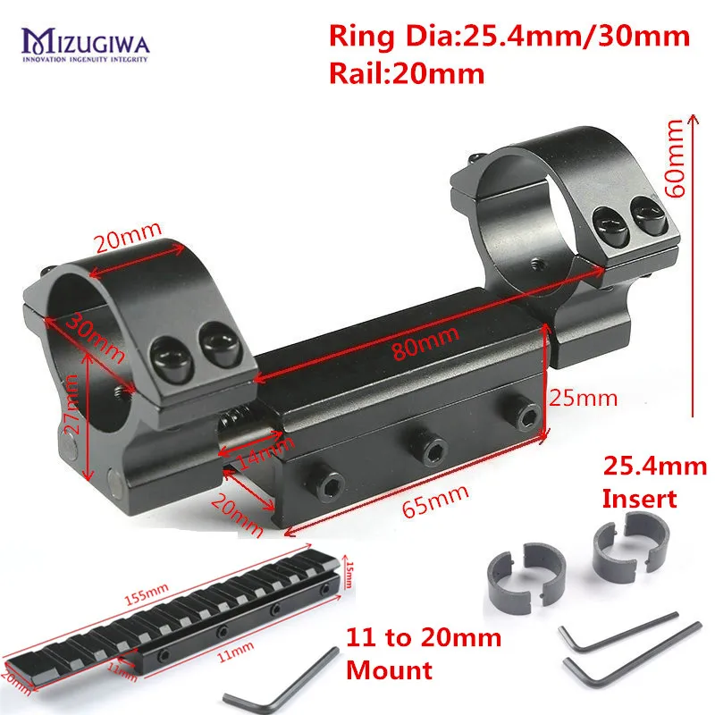 

Tactical Scope Mount 1" 25.4mm / 30mm Dual Rings w/Stop Pin 20mm Dovetail Picatiiny Rail Weaver +11mm to 20mm Adapter Rifle