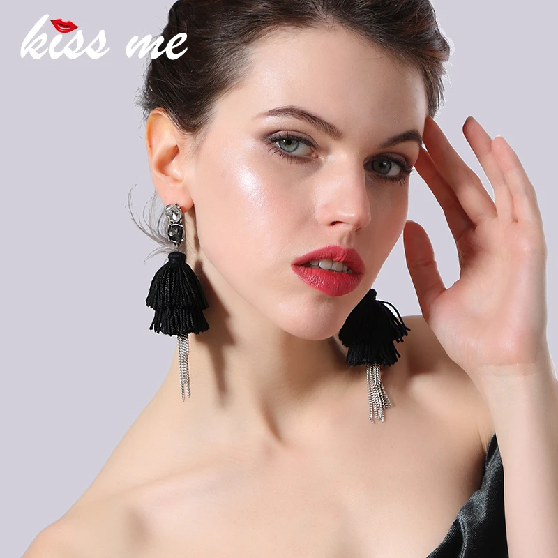 Женские длинные серьги кисточки KISS ME зеленые и черные хлопковые подвески из нити