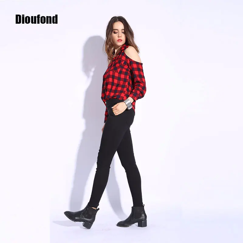 Женская красная клетчатая блузка Dioufond с открытыми плечами длинным рукавом и v