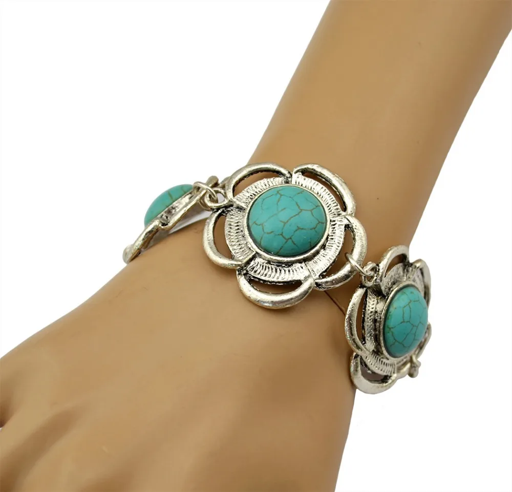 Vintage Charm Flower Turquoise Bracelet Bangles Bohemian Tibetan Silver Retro Tribal Women Girl Festival Gift Cheap Jewelry | Украшения и