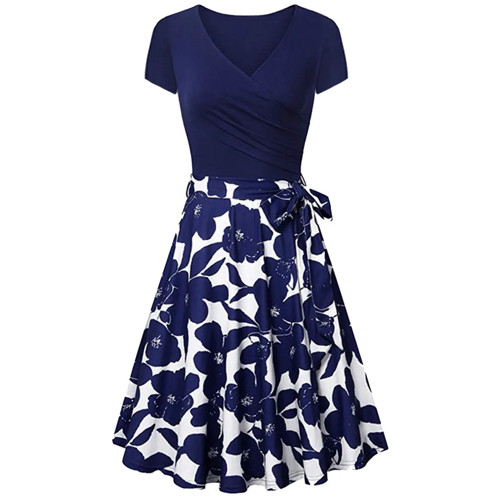 Платье женское винтажное с коротким рукавом треугольным вырезом|Женские платья|