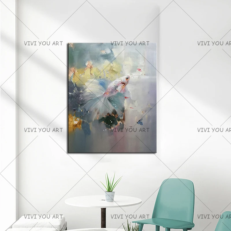 

100% Handmade Modern Abstract Gold Fish Knife Oil Painting on Canvas Pure Hand Painted Unique Fine Art Acrylic Picture
