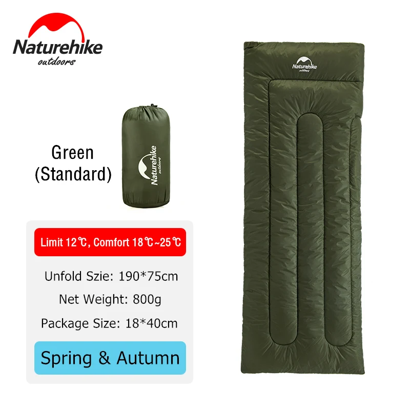 Green - Standard Naturehike легкий компактный хлопковый Одноместный походный спальный мешок водонепроницаемый квадратный складной летний открытый спальный мешок - Цвет: Green - Standard