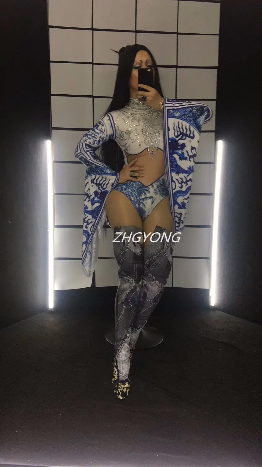 Glisten Crystals Feather Blue Bodysuit Big Stones Stretch Outfit Nightclub Female Singer Dance Show Women's Party Sexy Wear