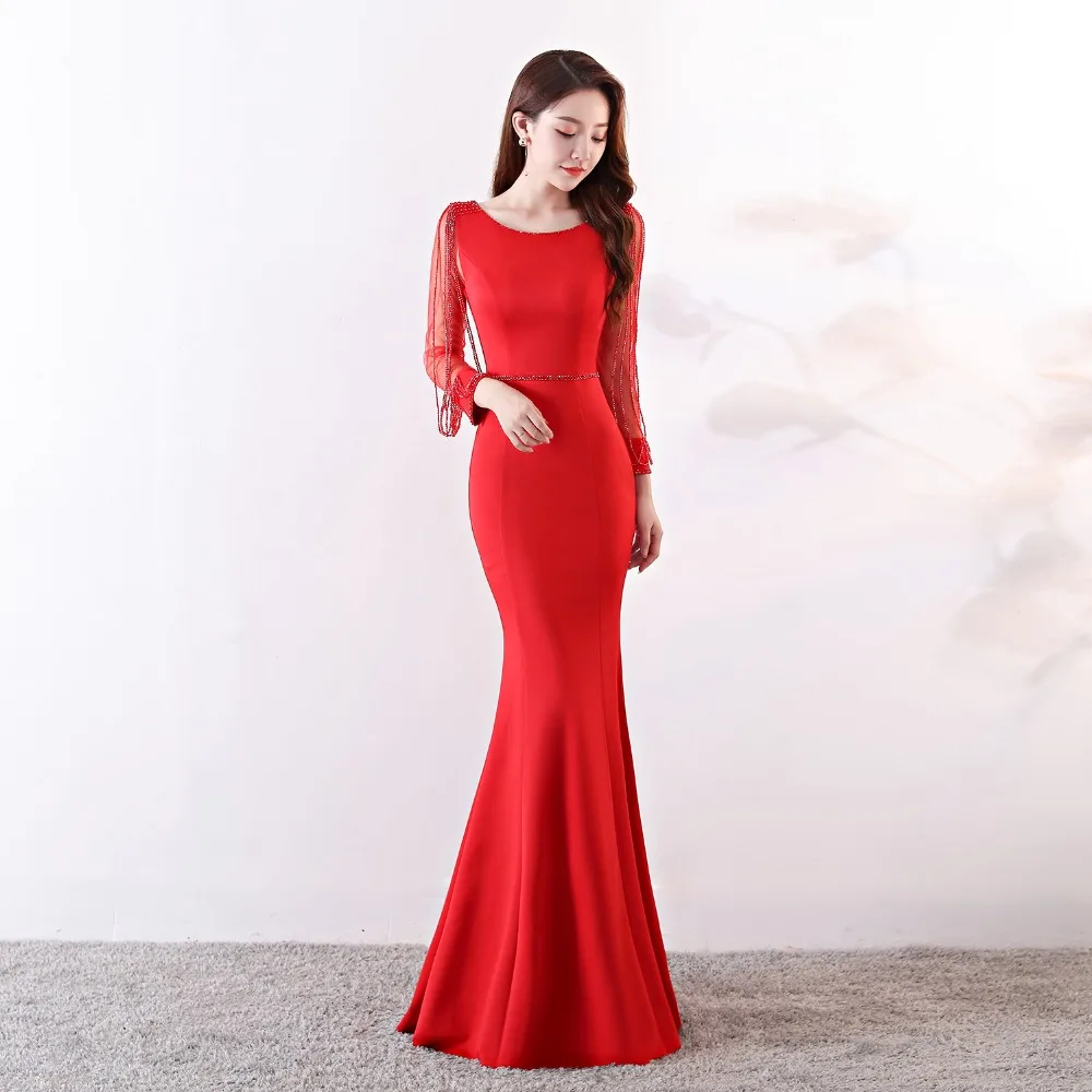 Элегантный знаменитости вечерние Русалка Тонкий платье Vestidos цвет красного вина Длинные рукава горный хрусталь цепи рыбий хвост длинные вечерние платье