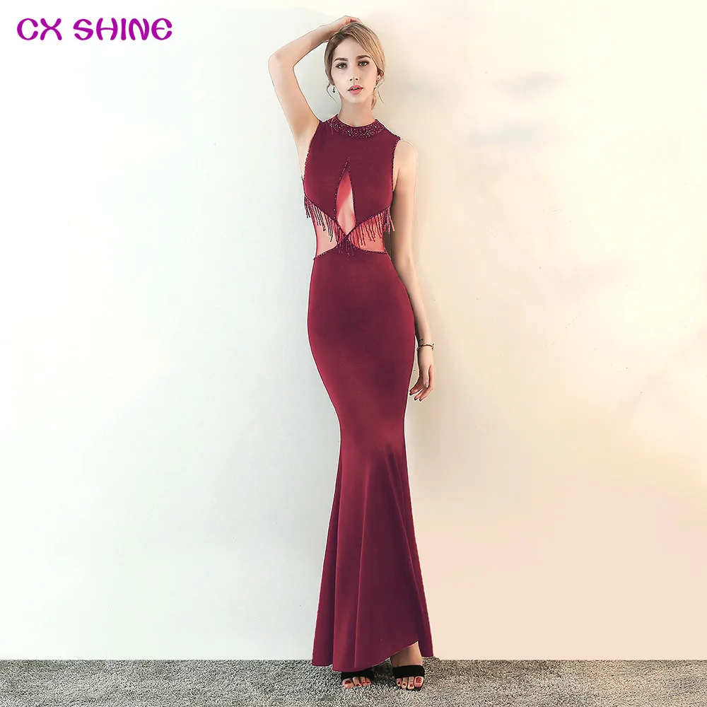 CX SHINE Прозрачное платье с бисером и юбкой годе длинное вечернее винно розовое