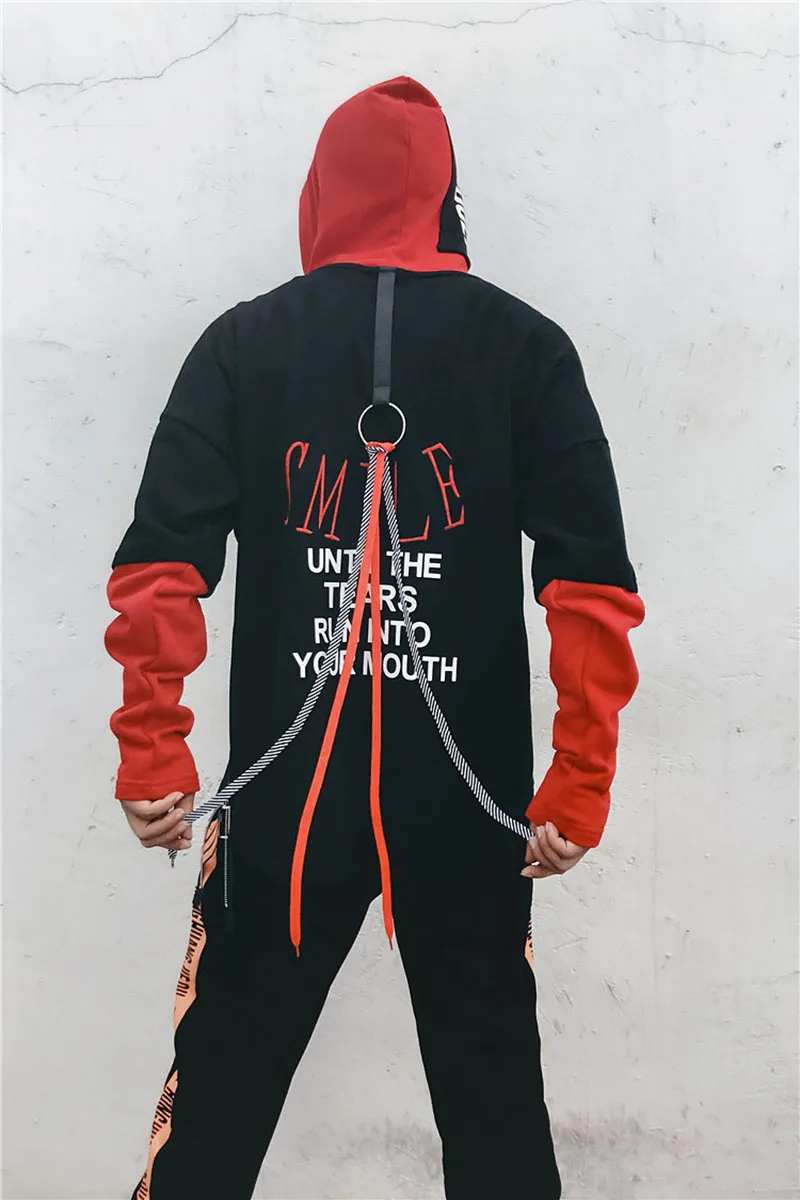 Swag, пуловер, толстовки, мужские, с разрезом по бокам, Лоскутная, негабаритная, толстовка, мужские, модные, длинные, толстовки, мужские, в стиле хип-хоп, с лентой, худи Rap