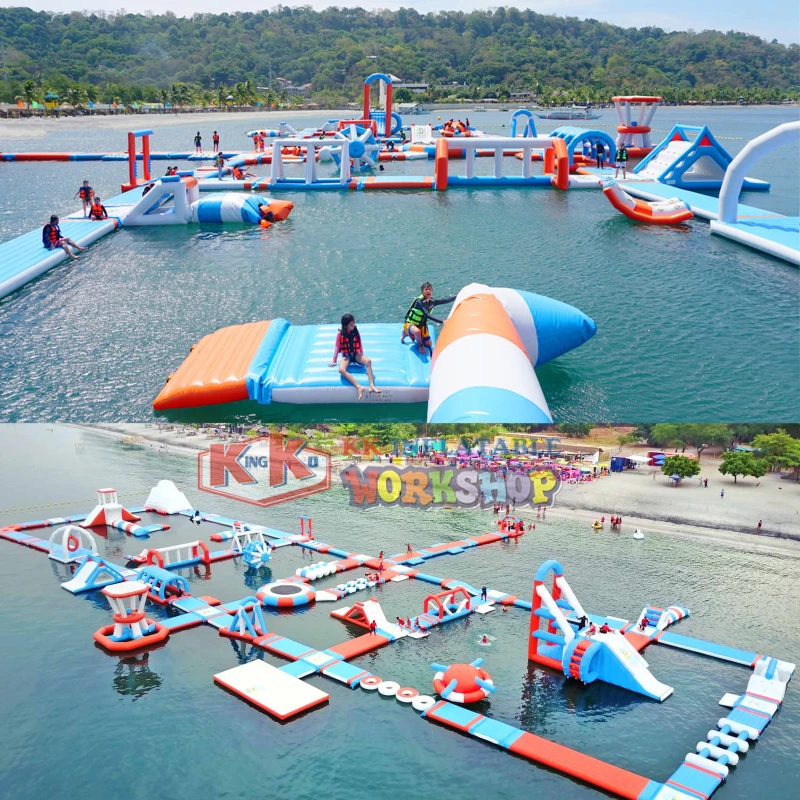 Goedkoop 80*45M 0.9Mm Plato Materiaal Pvc Giant Volwassen Drijvende Op Zee/Lake Opblaasbare Water Park