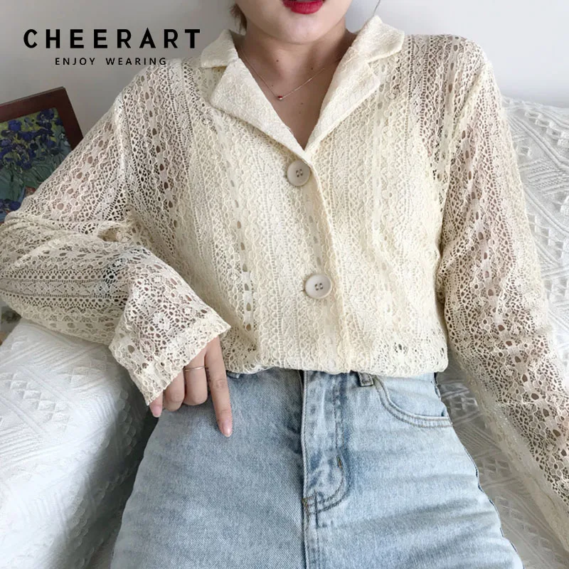 Осенняя кружевная блузка Cheerart с длинным рукавом женские ажурные дамские рубашки