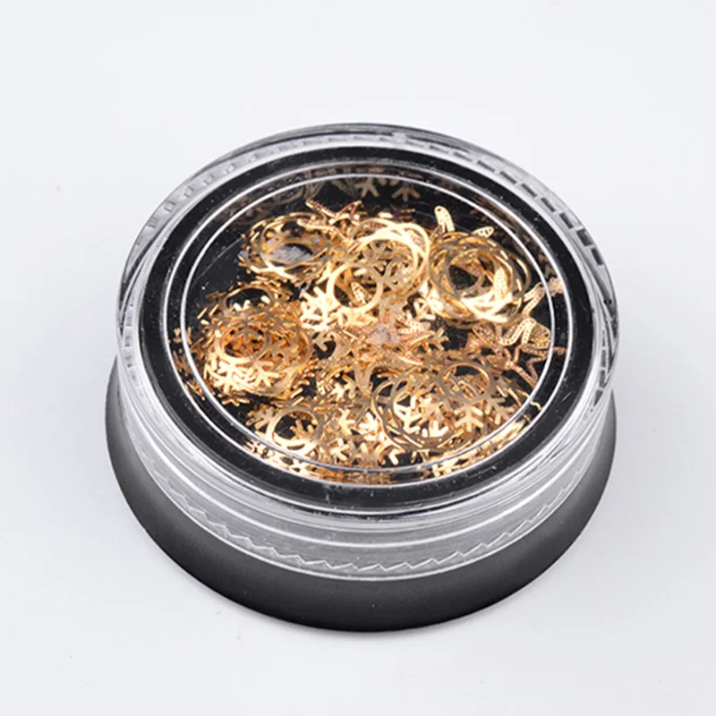 

1 Box Christmas Gold Metal Nail Sticker Decorations Snowflake Star Flower Designs DIY Tiny Slice Nail Accessories