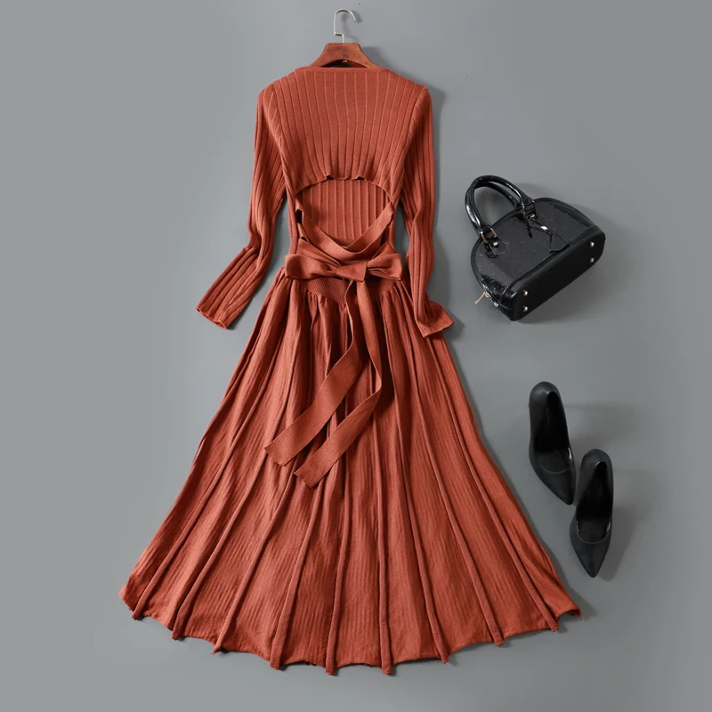 Женское трикотажное платье свитер с длинным рукавом и открытой спиной|dress robe|robe