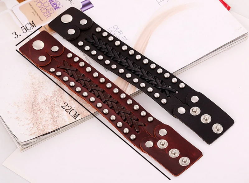 New Arrivals Retro Punk Rivet Real Genuine Leather Woven Black/Brown Adjustable Wristband Cuff Bracelets Bangles Unisex Jewelry | Украшения
