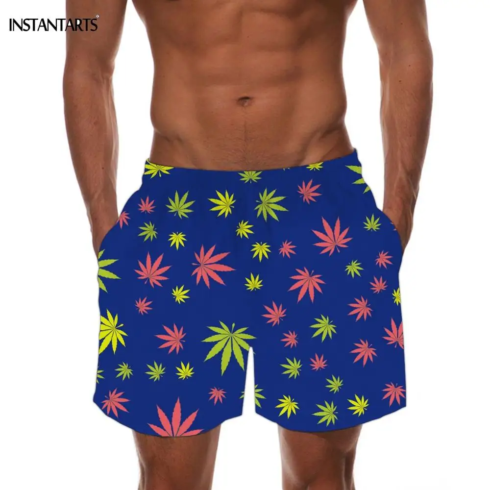 INSTANTARTS Tropical Hemp Weed Leaves/Maple Leaf Pattern Man's Swimming Trunks Beach Board Shorts Quick Dry Sports Swim Suits