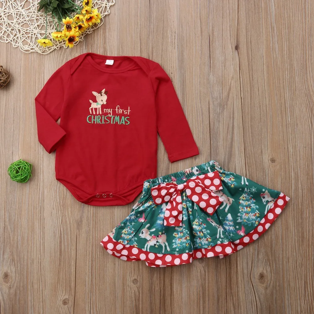 Newborn Baby Girls Clothes Fashion Clothing Christmas 2pcs Dress X'Mas David's Deer Romper+Skirt Suit Outfits | Детская одежда
