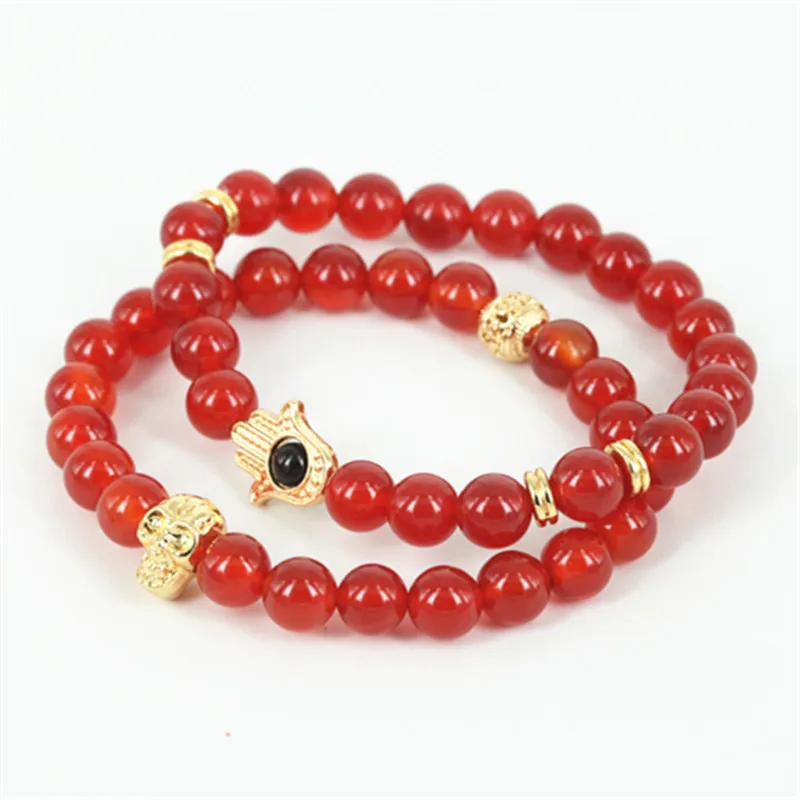 KEJIALAI Natural Red Round Stone Beads Men Hamsa Hand Bracelet Beaded Gold Color Skull Head Women As A Gift A0596 | Украшения и
