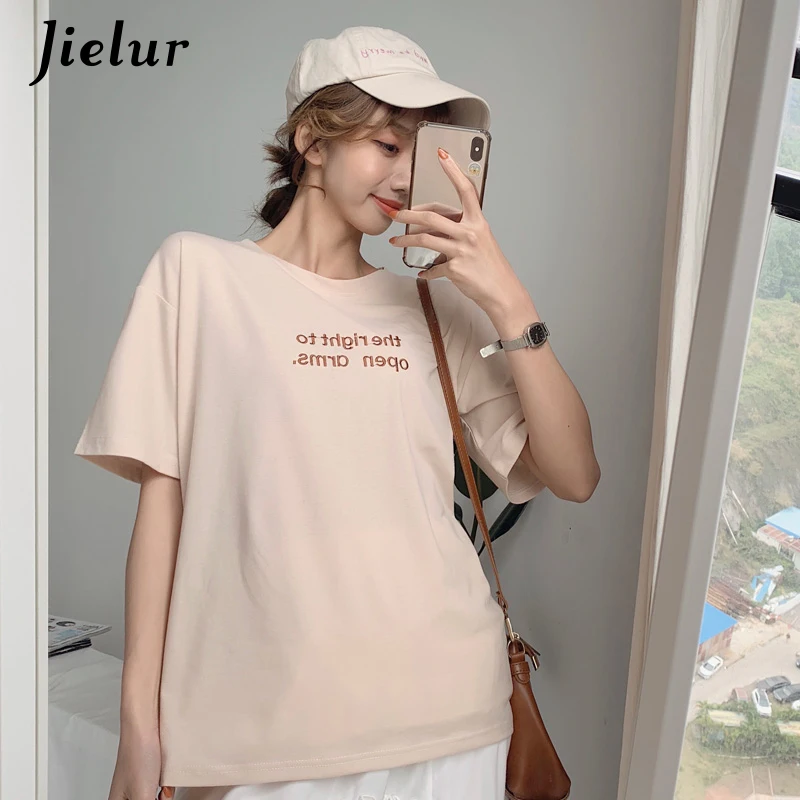 Jielur Женская Футболка Harajuku свободная вышитая с буквами женская круглым вырезом