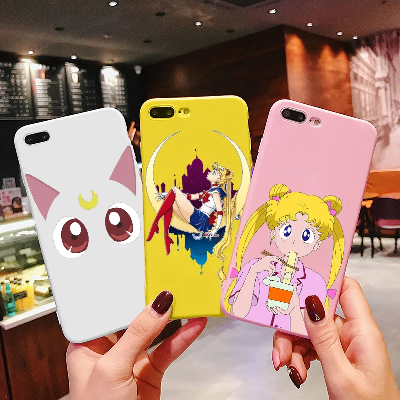 Роза аниме японское Сейлор Мун каваи Кот Caso de Telefone Para o iphone 6 Puls S 7 8 Puls X Casos Macio Voltar Capa Funda Coque