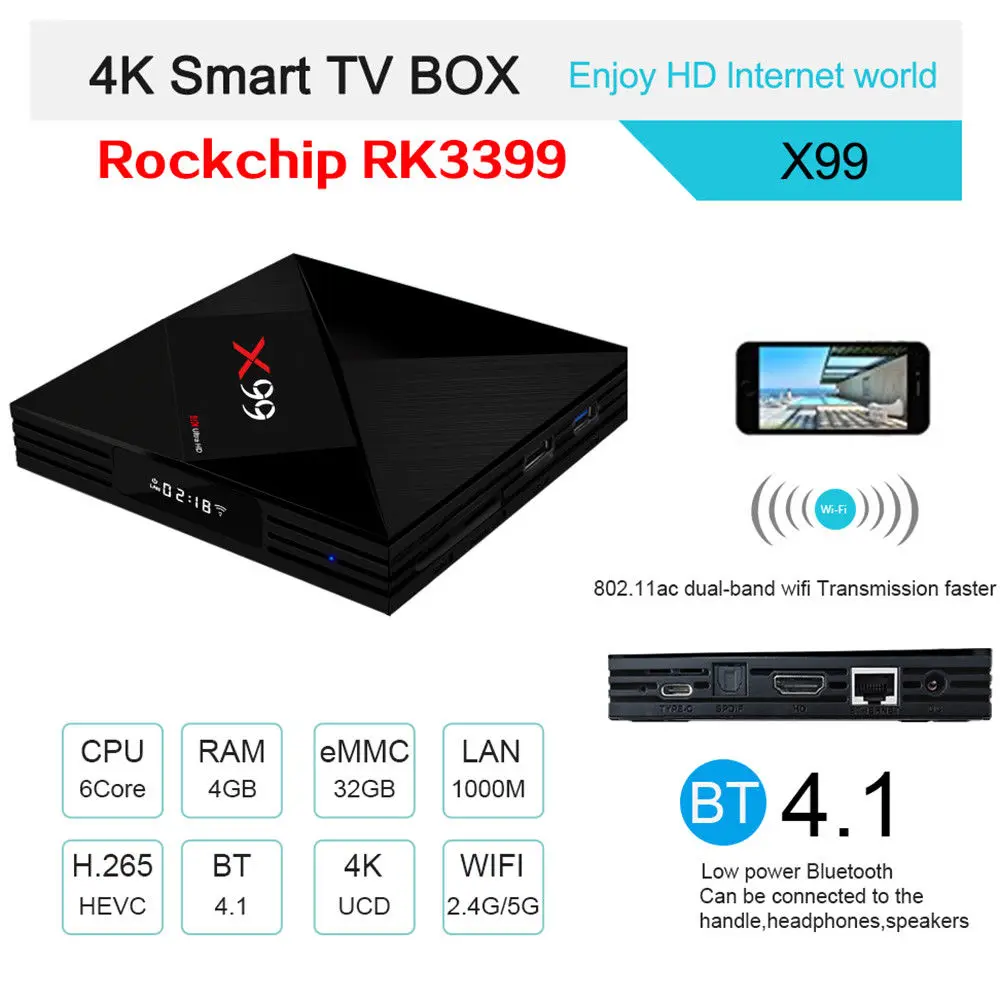 10 шт. X99 4 К Ultra HD tv box Set RK3399 Android 7 1 ГБ + 32 3D Тип-C HDR BT4.1 2 г/5 г Двойной Wi-Fi устройства es |