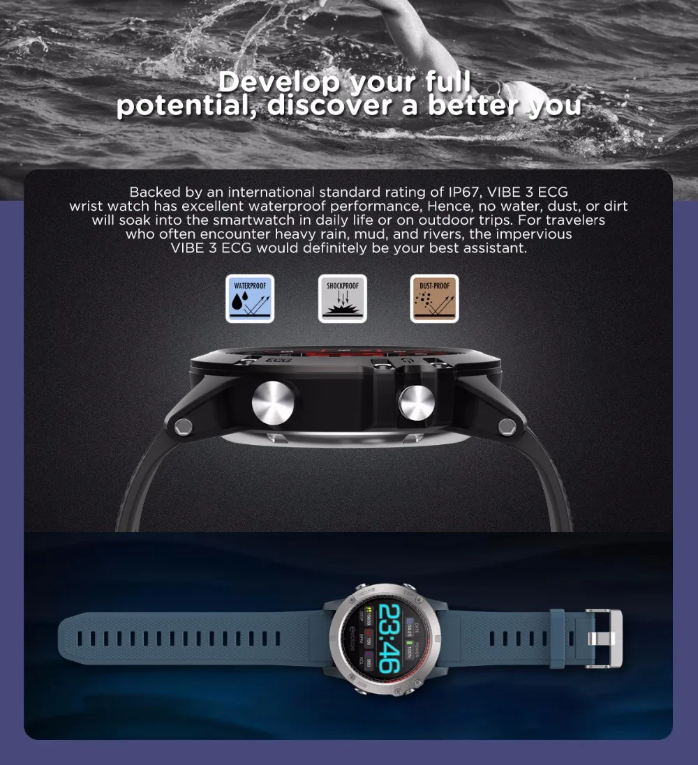 Новые оригинальные Смарт-часы Zeblaze VIBE 3 ECG IP67, ips цветной дисплей, монитор сна, поддержка языков Android и IOS