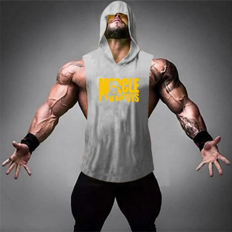 Мускул парней Бодибилдинг Стрингер майка с капюшоном Мужские тренажерные залы