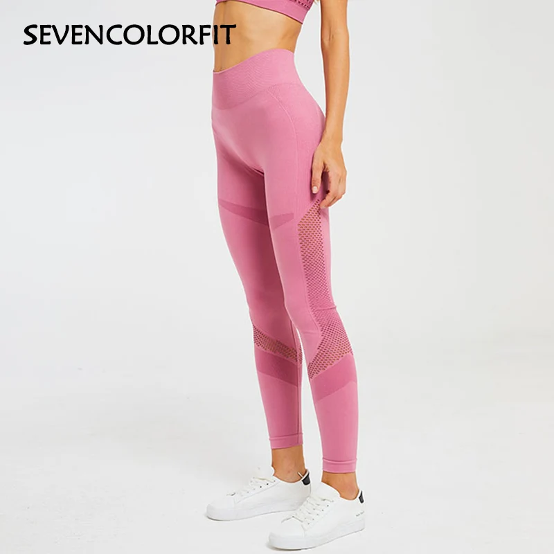Pink Sevencolorfit женские бесшовные легинсы с высокой талией, желтые, розовые, черные, сетчатые, открытые, сексуальные, для спортзала, спорта, фитнеса, колготки, длинные штаны - Цвет: Pink