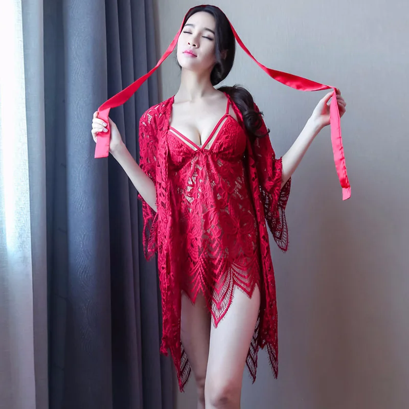 RED 3PCS SET Комплект, женское сексуальное шелковое атласное Ночное платье без рукавов, ночная рубашка с v-образным вырезом, ночная рубашка, кружевное ночное белье, ночная рубашка для женщин - Цвет: RED 3PCS SET