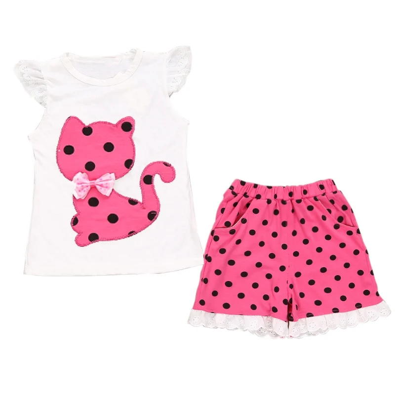 

Fashion Baby Girls Short Sleeve Summer Clothing Set Bow Cat Shirt+Pants Polka Dot Style Tops Clothing Set 2pcs