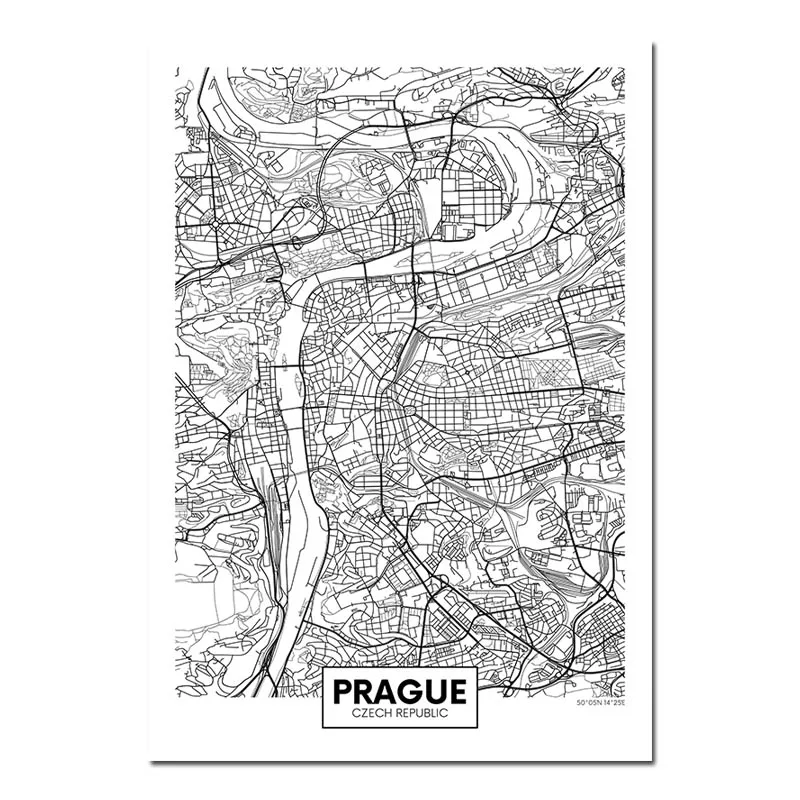 Prague Черный, белый, Роттердам, Лондон, Нью-Йорк, столица, город, карта, холст, плакат, настенное искусство, печать, живопись, скандинавские декоративные картины, Декор - Цвет: Prague