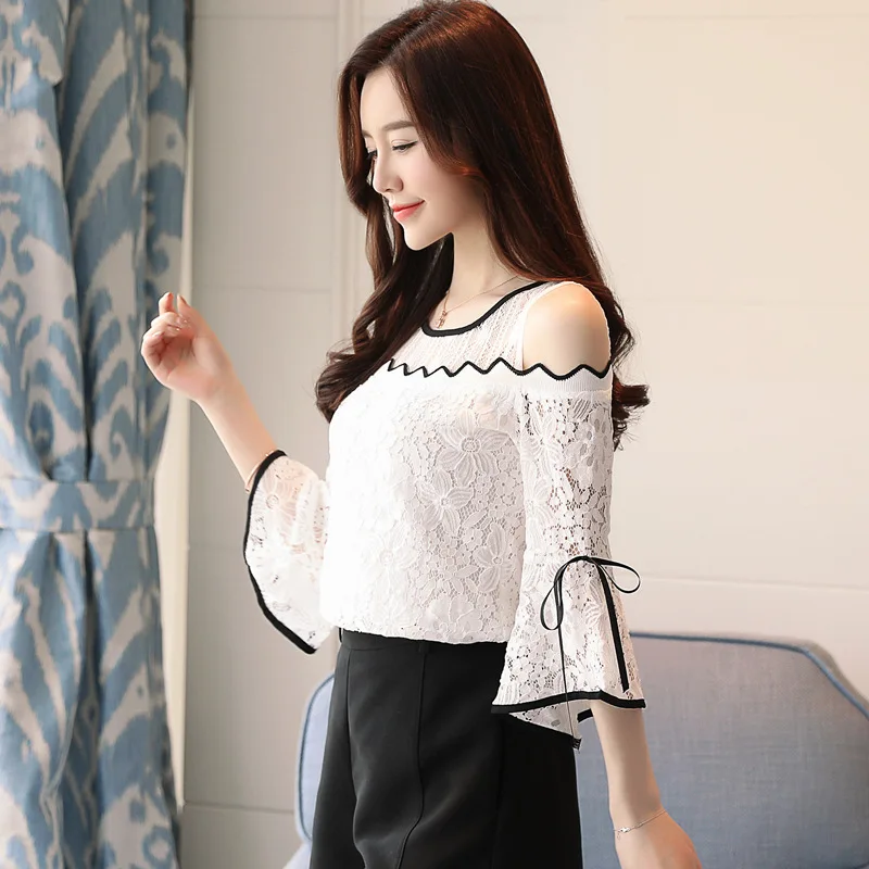 Summer Fashion Women Flare Sleeve Slim Floral Off-shoulder Chiffon Lace Shirts Blouses |
