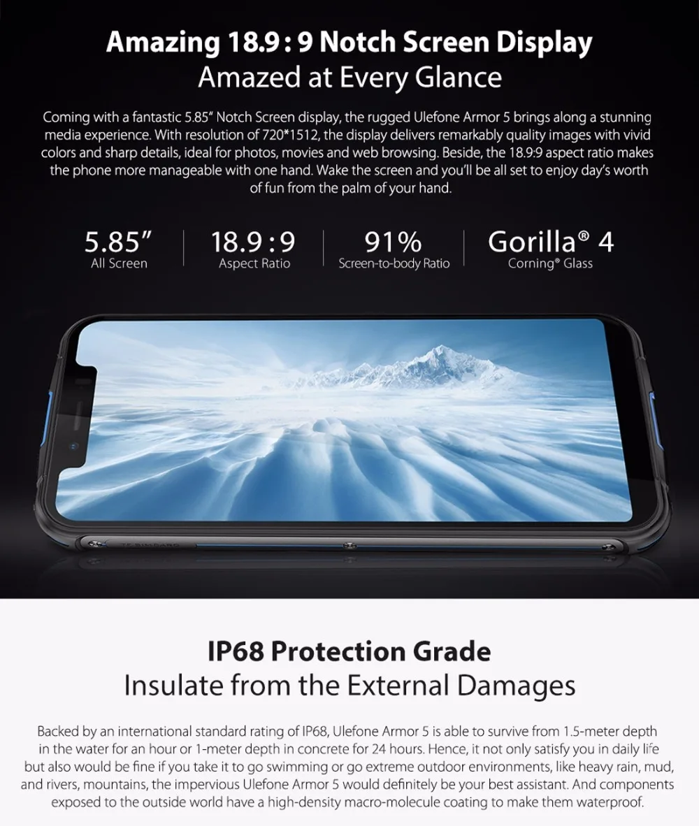 Ulefone Броня 5 IP68 Водонепроницаемый Беспроводной заряжать смартфон 85 &quotHD + MT6763 Octa Core