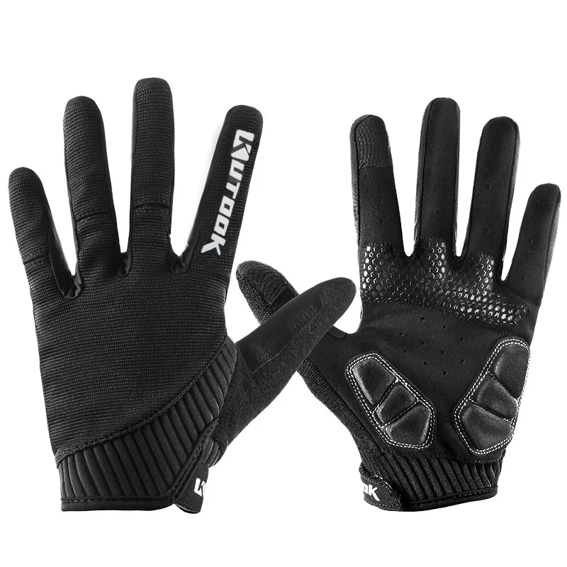 KUTOOK, мужские перчатки для велоспорта, женские, полный палец, MTB, шоссейные, велосипедные перчатки с сенсорным экраном, для спорта на открытом воздухе, велосипедные перчатки с гелевой подкладкой, перчатки с лайкрой - Цвет: Черный