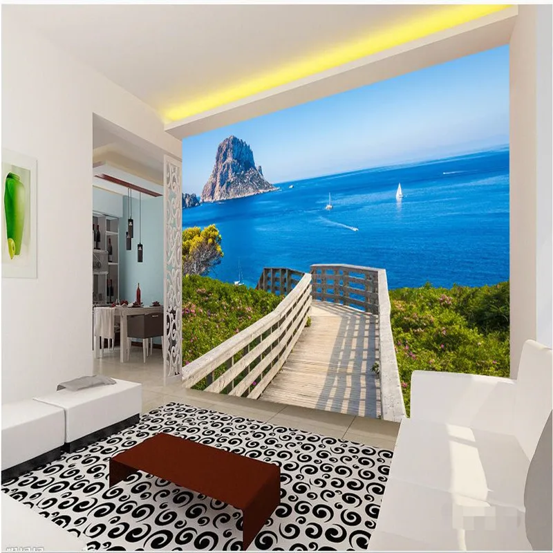 

beibehang Large Custom 3d Home Background Blue Sea Boardwalk Art Modern Living Room Hotel Coffee Decoration papel para pared
