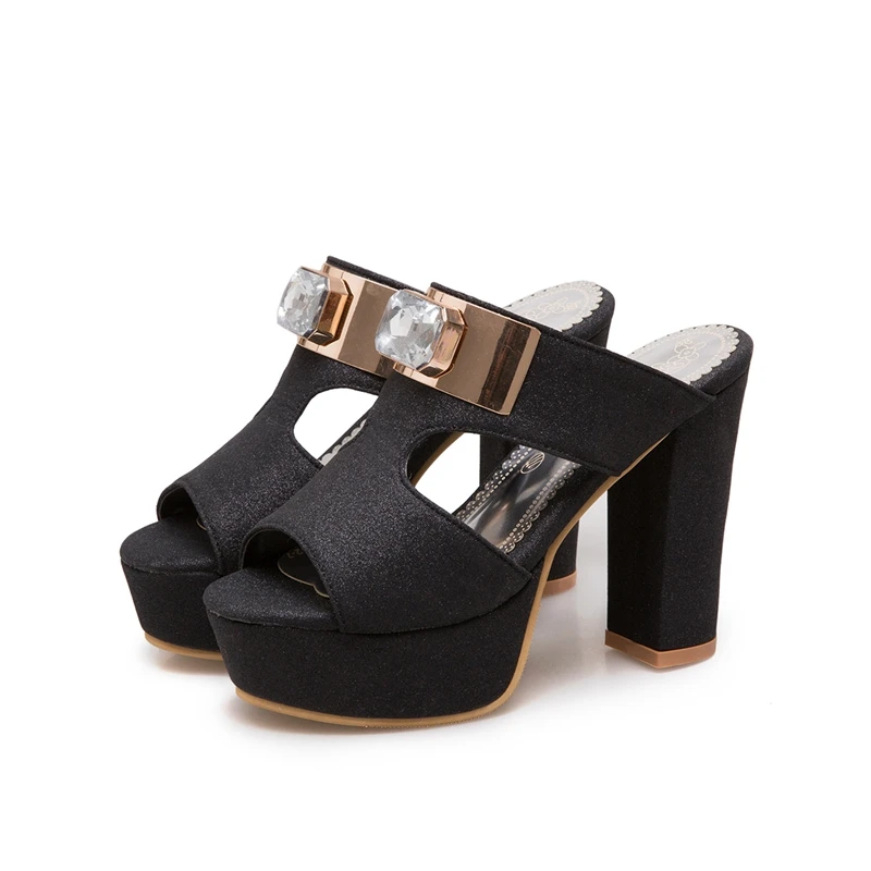 Billig REAVE KATZE Frau Sandalen Große Größe 46 Kristall Maultiere Peep Toe Dame Partei Klobigen High Heels Sommer Schuhe Plattform Pantoffel Hochzeit