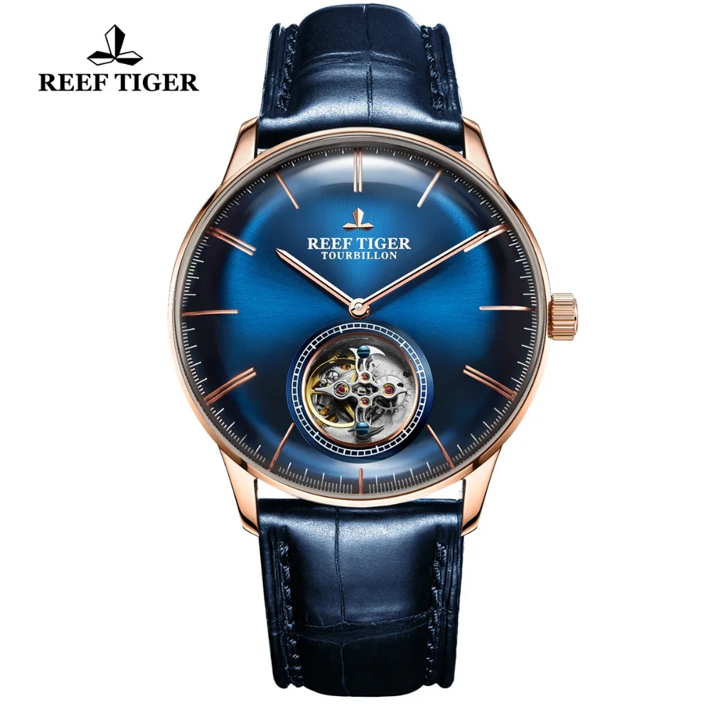 Reef Tiger/RT мужские роскошные брендовые часы Tourbillon из натуральной кожи синие розовые